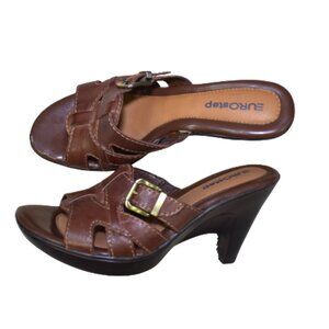Eurostep Brown Leather Slip-On Sandals Size 8 Open Toe Buckle Casual Comfrot